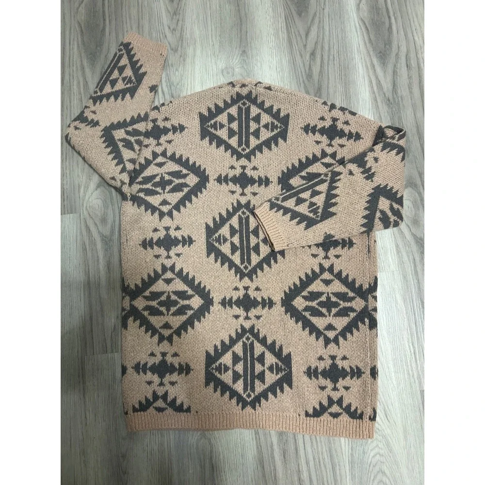 BIBI Women's Geometric Pattern Open‎ Front Cardigan Sweater Tan Gray Size S